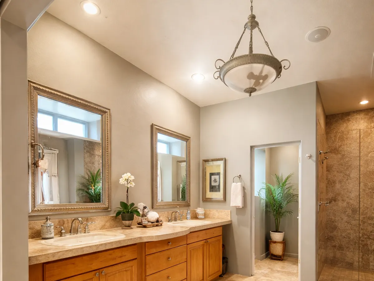 The Bliss Room’s bathroom: a double vanity with a large mirror and a pendant light