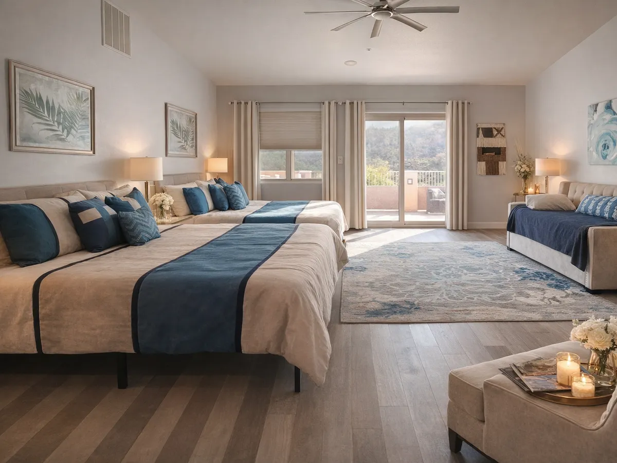 The Bliss Room: two king beds with blue and cream bedding, an armchair, and doors to a balcony